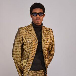 Vintage Like Bold Gold Patterned Two-Piece Set – Jacket & Pants Suit